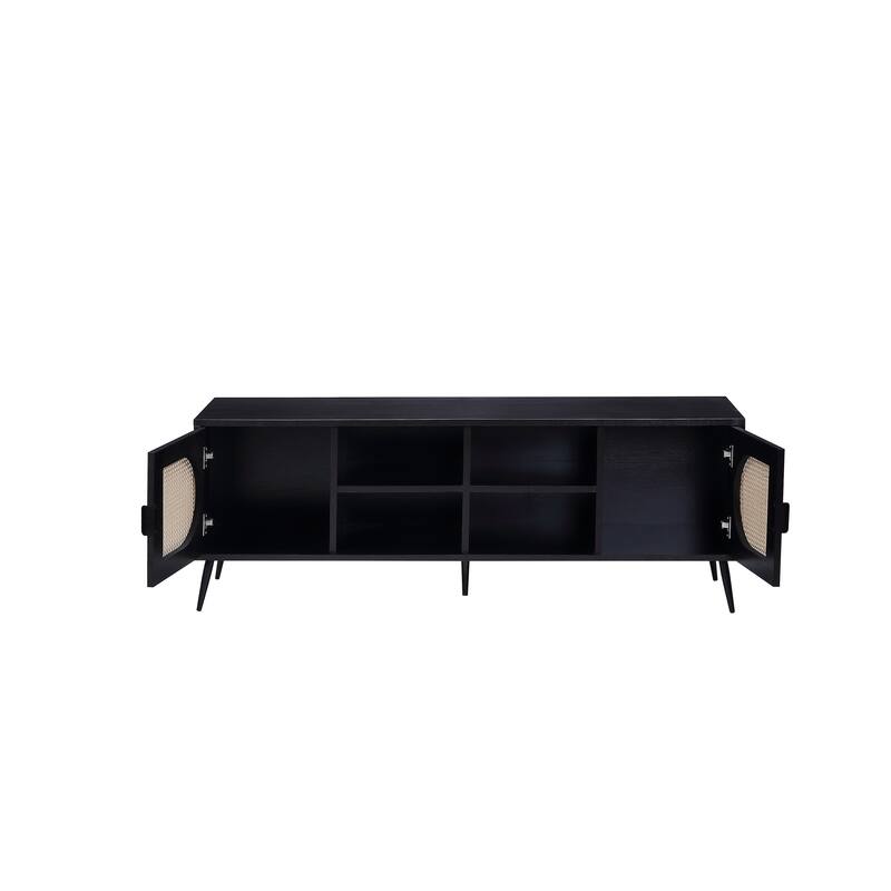 Transitional Black TV Stand Rattan Door Inserts, 4 Open Compartments